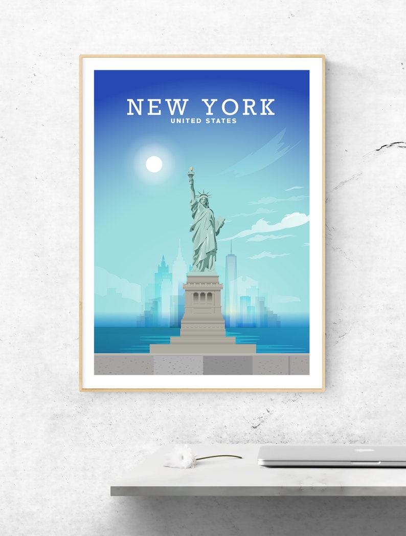 May include: A blue and white poster with the text "NEW YORK UNITED STATES" at the top. The poster features a stylized illustration of the Statue of Liberty in front of the New York City skyline.