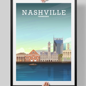 May include: A colorful illustration of the Nashville skyline, featuring iconic buildings like the Ryman Auditorium, the Country Music Hall of Fame, and the AT&T Building. The text "NASHVILLE TENNESSEE" is at the top of the image.