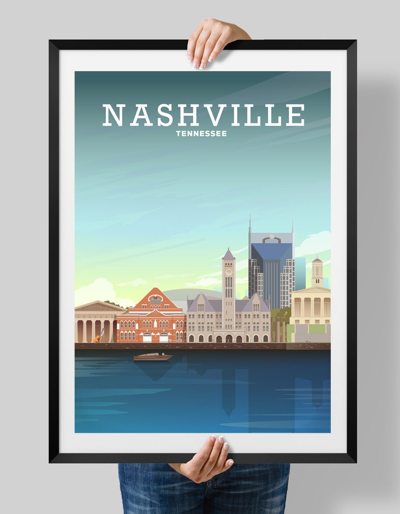 May include: A colorful illustration of the Nashville skyline, featuring iconic buildings like the Ryman Auditorium, the Country Music Hall of Fame, and the AT&T Building. The text "NASHVILLE TENNESSEE" is at the top of the image.