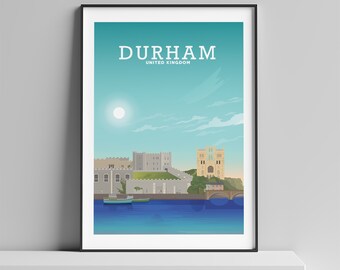 May include: Framed art print of Durham, UK, with a stylized illustration. The artwork shows a river scene with buildings, a bridge, and the text "DURHAM UNITED KINGDOM" in white against a teal sky.