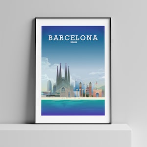 May include: A colorful illustration of the Barcelona skyline, featuring the Sagrada Familia, the W Hotel, and other iconic landmarks. The text "BARCELONA SPAIN" is at the top of the image.