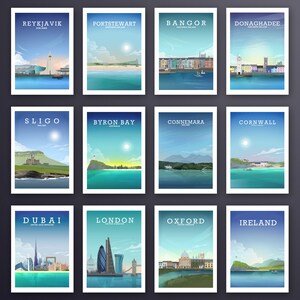 May include: A collage of 12 colorful travel posters featuring various cities and locations around the world. Each poster includes a stylized illustration of the city or location, along with the name of the place and its country.