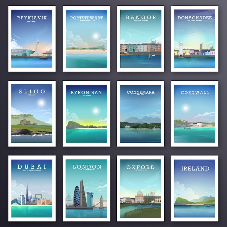 May include: A collage of 12 colorful travel posters featuring various cities and locations around the world. Each poster includes a stylized illustration of the city or location, along with the name of the place and its country.