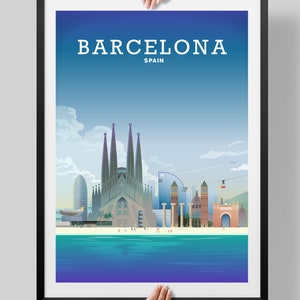 May include: A colorful illustration of the Barcelona skyline, featuring the Sagrada Familia, the W Hotel, and the Arc de Triomf. The city is depicted against a blue sky with white clouds, and the sea is shown in shades of blue and green.