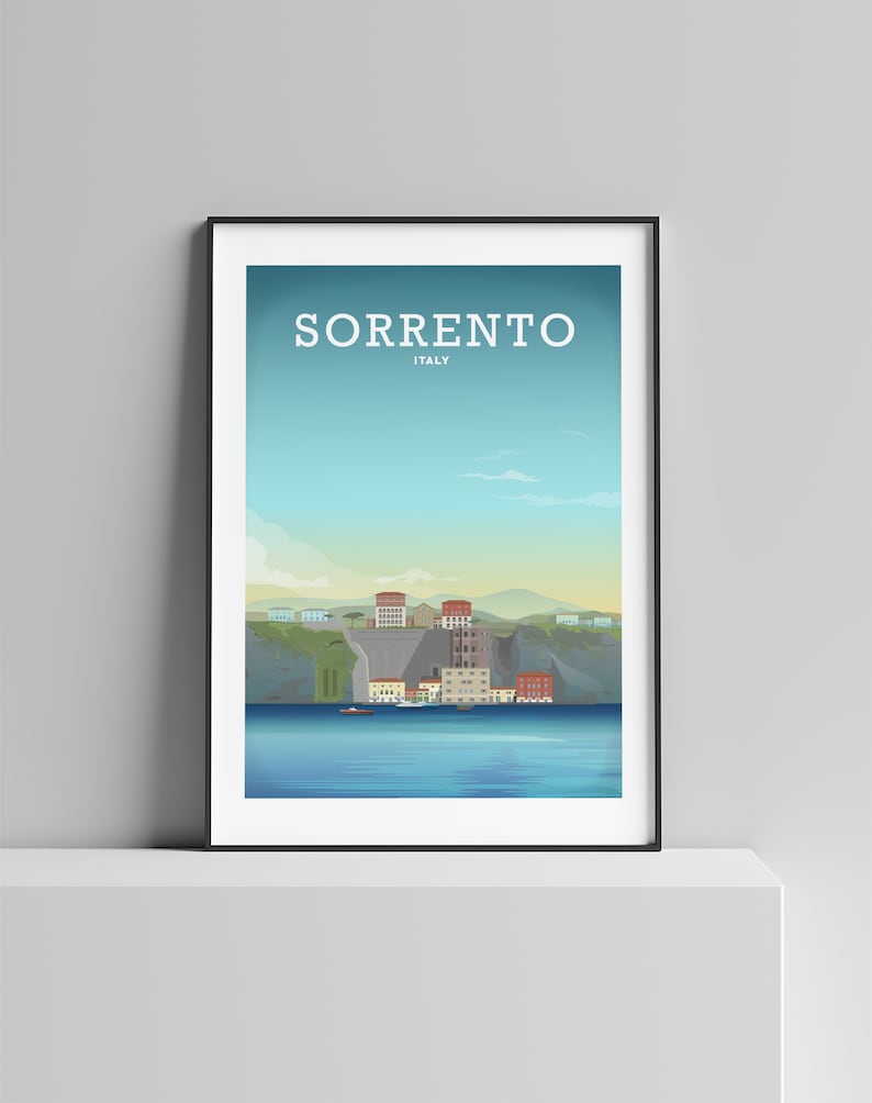 May include: A colorful illustration of the town of Sorrento, Italy, with a view of the coastline and buildings on a cliff. The text "SORRENTO ITALY" is at the top of the image.