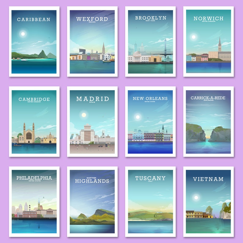 May include: A collage of 12 travel posters featuring various cities and locations around the world. Each poster has a blue and white color scheme with a city skyline and a body of water. The posters are arranged in a grid of four rows and three columns.