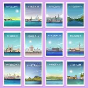 May include: A collage of 12 travel posters featuring various cities and regions around the world. Each poster features a stylized illustration of a landmark or scenic view, along with the name of the location and its country.