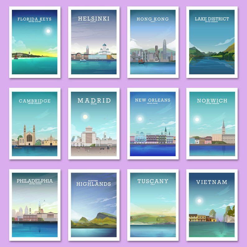 May include: A collage of 12 travel posters featuring various cities and regions around the world. Each poster features a stylized illustration of a landmark or scenic view, along with the name of the location and its country.
