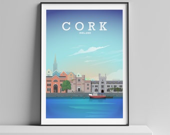 May include: A colorful illustration of the city of Cork, Ireland. The illustration features a waterfront scene with buildings, a boat, and a blue sky with clouds. The text "CORK" and "IRELAND" is displayed at the top of the image.