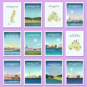 May include: A collage of 12 illustrated travel posters featuring various cities and regions around the world. Each poster features a stylized illustration of a city skyline or map, with the city name and location printed at the top.