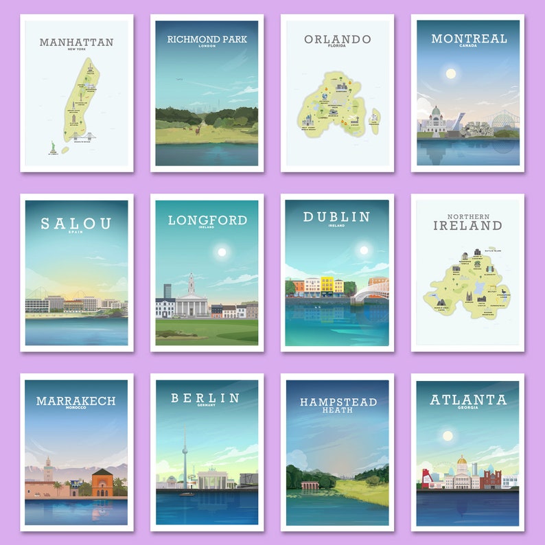 May include: A collage of 12 illustrated travel posters featuring various cities and regions around the world. Each poster features a stylized illustration of a city skyline or map, with the city name and location printed at the top.