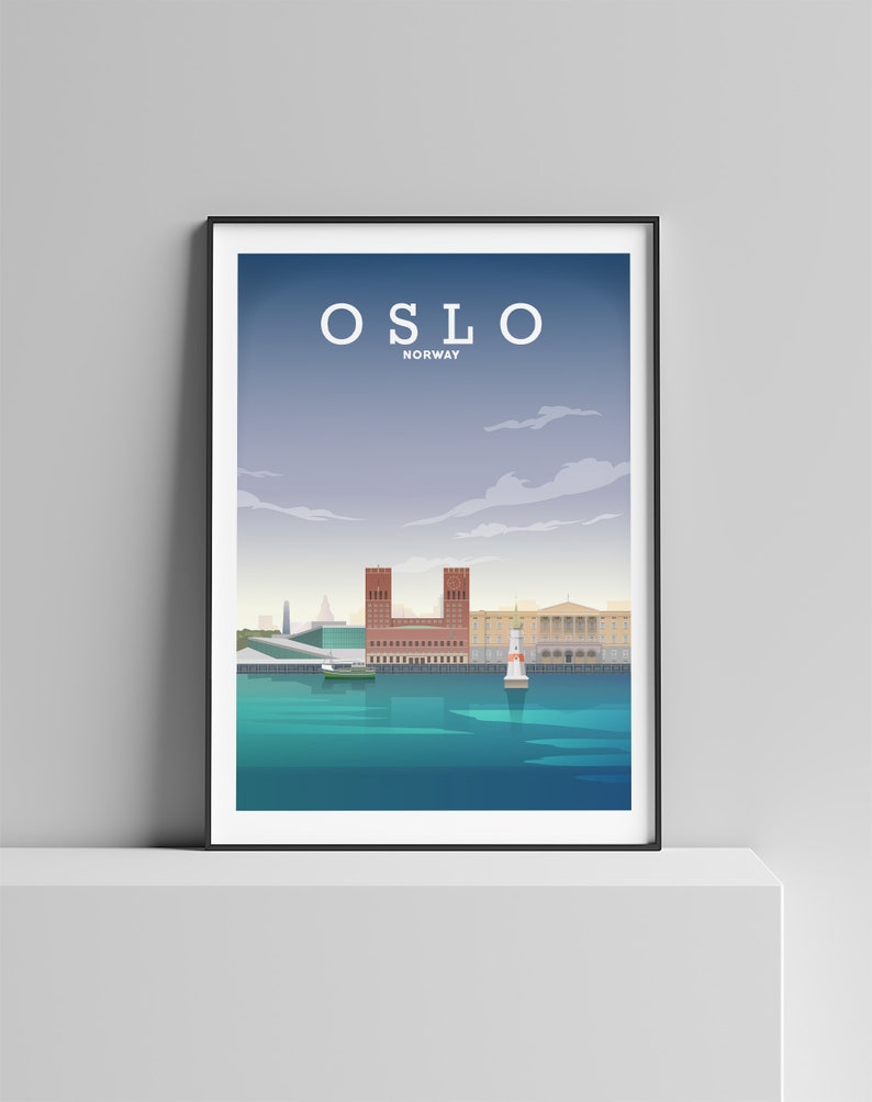 May include: A poster with a minimalist design featuring a cityscape of Oslo, Norway. The poster has a black frame and the text "OSLO NORWAY" in white.