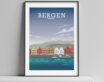 May include: A colorful illustration of the waterfront in Bergen, Norway. The image features a row of colorful houses along the water's edge, with boats docked in the harbor. The text "BERGEN NORWAY" is displayed at the top of the image.