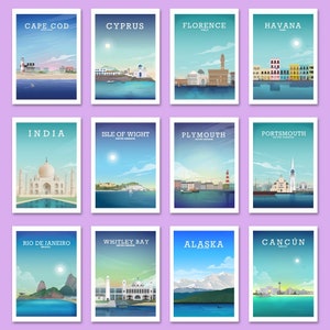 May include: A collage of 12 colorful travel posters featuring iconic landmarks and cities around the world. Each poster has a white border and a blue background with a white city name and country at the top.