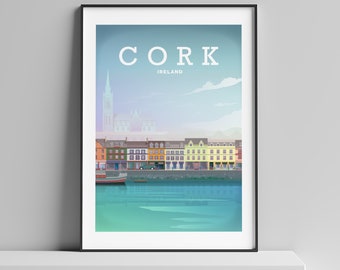 May include: A colorful illustration of the city of Cork, Ireland. The illustration features a waterfront with colorful buildings and a boat. The text "CORK" and "IRELAND" is displayed at the top of the image.