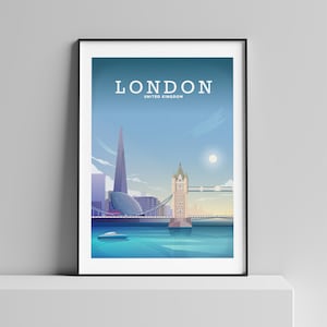 May include: A colorful illustration of the London skyline featuring the Tower Bridge, the Shard, and the River Thames. The text "LONDON" and "UNITED KINGDOM" is displayed at the top of the image.