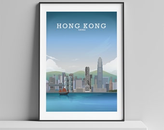 Hong Kong Print, Hong Kong Poster, HK Skyline, Colourful Travel Print, Hong Kong Art by Hillview Prints