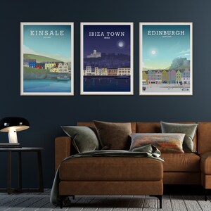 May include: Three framed city skyline illustrations. The first is of Kinsale, Ireland, with a blue and green colour scheme. The second is of Ibiza Town, Ibiza, with a purple and blue colour scheme. The third is of Edinburgh, Scotland, with a blue and green colour scheme.