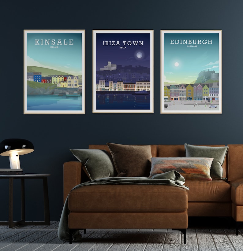 May include: Three framed city skyline illustrations. The first is of Kinsale, Ireland, with a blue and green colour scheme. The second is of Ibiza Town, Ibiza, with a purple and blue colour scheme. The third is of Edinburgh, Scotland, with a blue and green colour scheme.