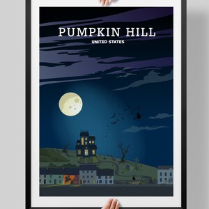 May include: A digital illustration of a spooky town called Pumpkin Hill, United States. The illustration features a dark blue sky with a full moon, a haunted house on a hill, and several houses with lit windows. There are bats and a witch flying in the sky.