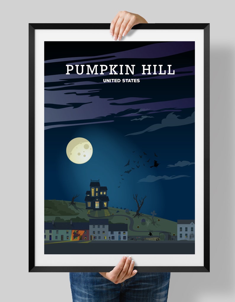 May include: A digital illustration of a spooky town called Pumpkin Hill, United States. The illustration features a dark blue sky with a full moon, a haunted house on a hill, and several houses with lit windows. There are bats and a witch flying in the sky.