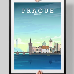 May include: A colorful illustration of the Prague skyline, featuring the Charles Bridge, the Old Town Square, and the iconic Astronomical Clock. The text "PRAGUE" and "CZECHIA" is displayed at the top of the image.