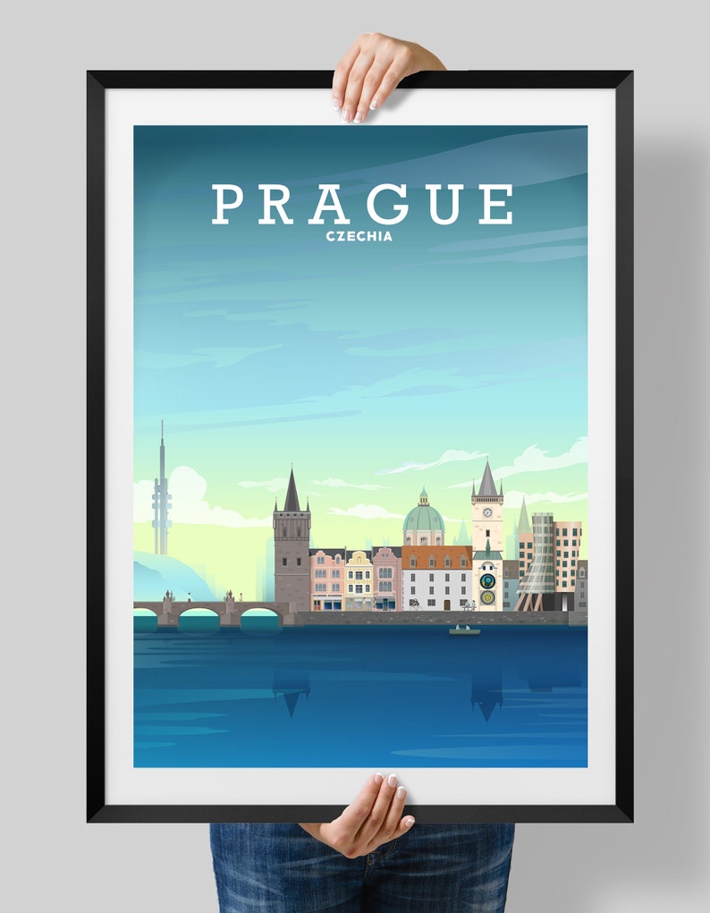 May include: A colorful illustration of the Prague skyline, featuring the Charles Bridge, the Old Town Square, and the iconic Astronomical Clock. The text "PRAGUE" and "CZECHIA" is displayed at the top of the image.