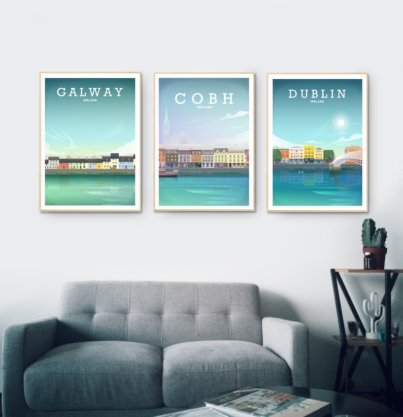 May include: Three framed prints of cityscapes with the names "Galway, Ireland", "Cobh, Ireland", and "Dublin, Ireland" printed on each.