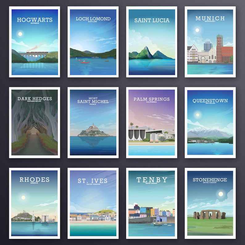 May include: A collage of 12 travel posters featuring iconic landmarks and destinations. Each poster has a blue and white color scheme with a stylized illustration of the location. The posters include Hogwarts Express, Loch Lomond, Saint Lucia, Munich, Dark Hedges, Mont Saint Michel, Palm Springs, Queenstown, Rhodes, St. Ives, Tenby, and Stonehenge.