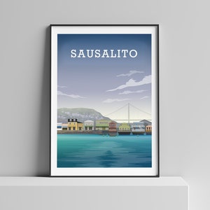 Sausalito Print, San Francisco Art, California Poster. Golden Gate bridge