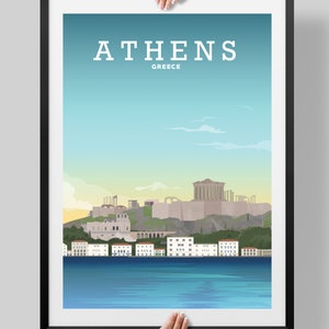 May include: A colorful illustration of the city of Athens, Greece. The image shows the Acropolis, a historic hilltop citadel, and the surrounding cityscape. The water in the foreground is a light blue color.
