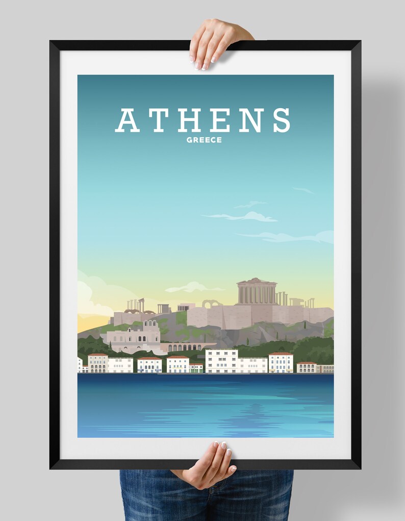 May include: A colorful illustration of the city of Athens, Greece. The image shows the Acropolis, a historic hilltop citadel, and the surrounding cityscape. The water in the foreground is a light blue color.