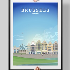 May include: A colourful illustration of the Brussels skyline, featuring the Atomium, the Grand Place, and other iconic buildings. The text "BRUSSELS BELGIUM" is at the top of the image.