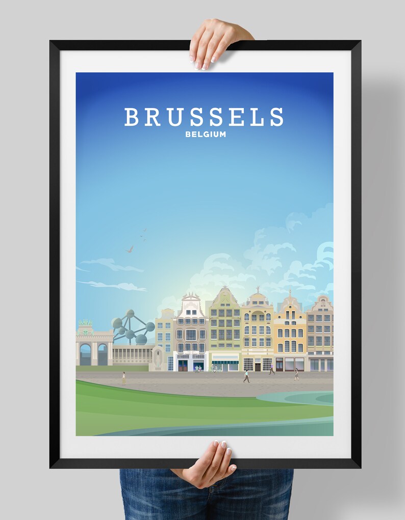 May include: A colourful illustration of the Brussels skyline, featuring the Atomium, the Grand Place, and other iconic buildings. The text "BRUSSELS BELGIUM" is at the top of the image.