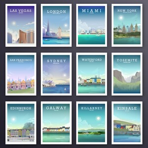 May include: A collage of 12 travel posters showcasing iconic landmarks and scenic views from around the world. The posters are arranged in a grid of four rows and three columns. Each poster features a different city or location, including Las Vegas, London, Miami, New York, San Francisco, Sydney, Waterford, Yosemite, Edinburgh, Galway, Killarney, and Kinsale.