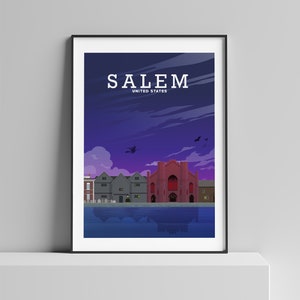 May include: A digital illustration of Salem, Massachusetts, with a red church building, a dark blue river, and a purple sky with silhouettes of witches flying on broomsticks. The text "SALEM" and "UNITED STATES" is at the top of the image.