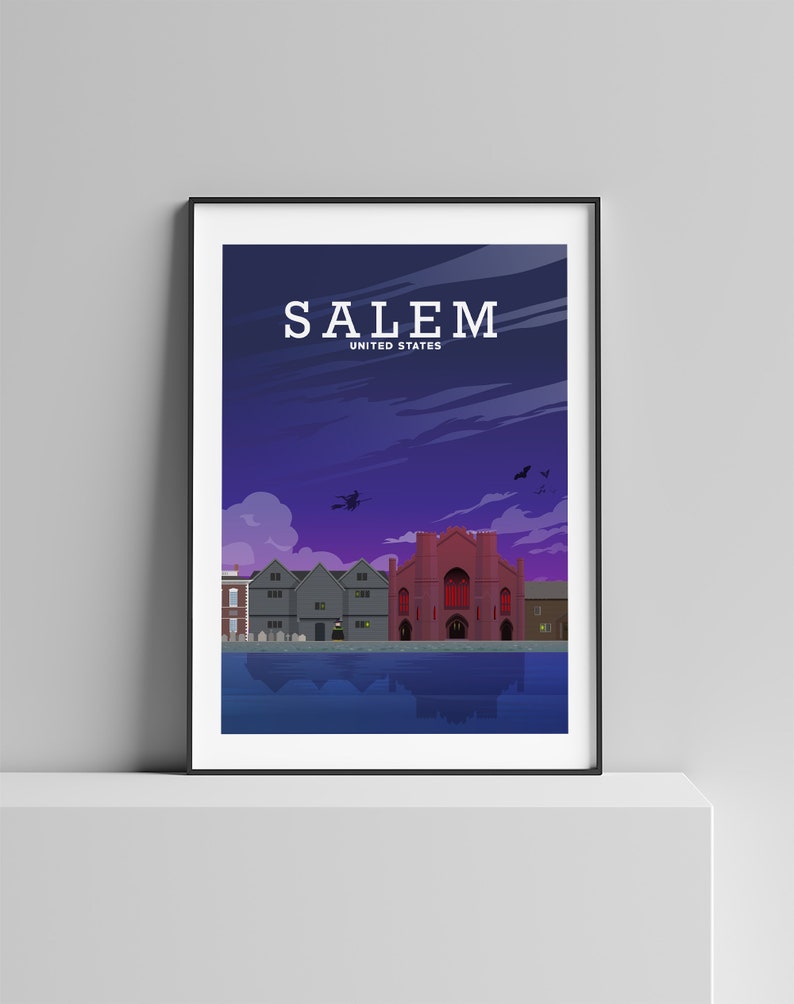 May include: A digital illustration of Salem, Massachusetts, with a red church building, a dark blue river, and a purple sky with silhouettes of witches flying on broomsticks. The text "SALEM" and "UNITED STATES" is at the top of the image.