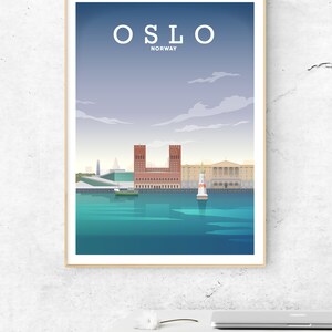 May include: A minimalist poster with a blue and white color scheme featuring a cityscape of Oslo, Norway. The poster includes the text "OSLO" and "NORWAY" in white lettering.