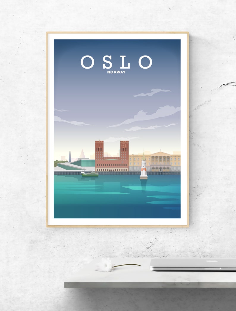 May include: A minimalist poster with a blue and white color scheme featuring a cityscape of Oslo, Norway. The poster includes the text "OSLO" and "NORWAY" in white lettering.