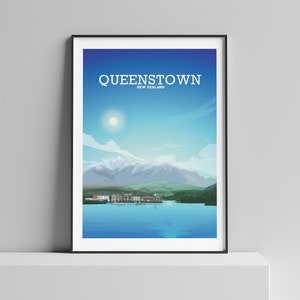 May include: A colorful illustration of Queenstown, New Zealand, with a mountain range in the background, a lake in the foreground, and the text "QUEENSTOWN NEW ZEALAND" at the top.