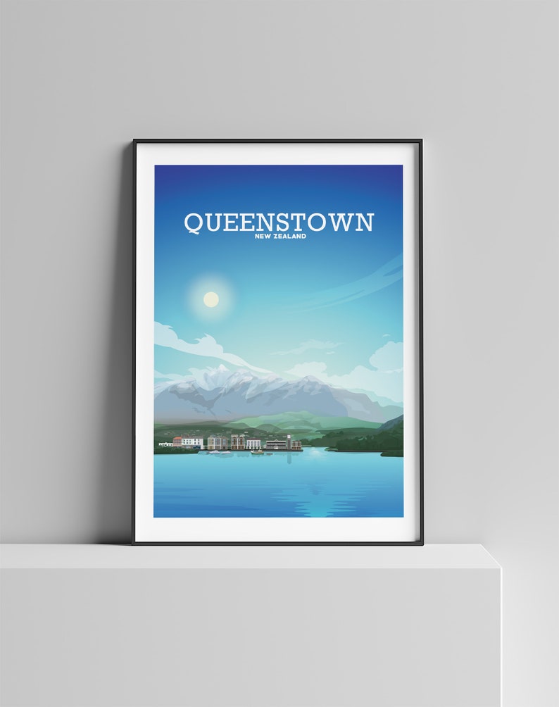 May include: A colorful illustration of Queenstown, New Zealand, with a mountain range in the background, a lake in the foreground, and the text "QUEENSTOWN NEW ZEALAND" at the top.