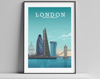 LONDON Print, London Poster, The Gherkin, St Pauls Cathedral , London Gifts, London Decor, Tower Bridge, London Illustration, London Art