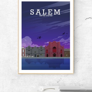 May include: A purple and blue illustrated poster with the text "SALEM, UNITED STATES" at the top. The poster depicts a cityscape with a red church building, several gray buildings, and a witch flying on a broomstick in the sky.
