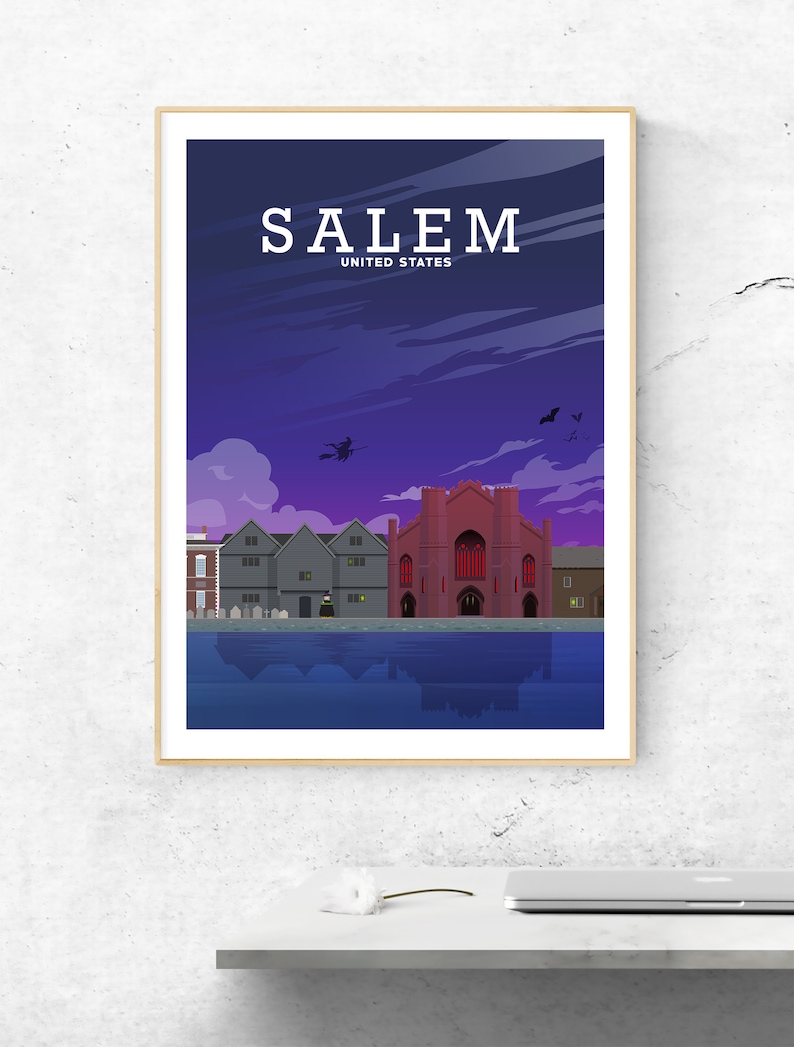 May include: A purple and blue illustrated poster with the text "SALEM, UNITED STATES" at the top. The poster depicts a cityscape with a red church building, several gray buildings, and a witch flying on a broomstick in the sky.