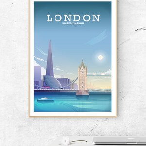 May include: A colorful illustration of the London skyline featuring the Tower Bridge and the Shard. The text "LONDON UNITED KINGDOM" is at the top of the image.
