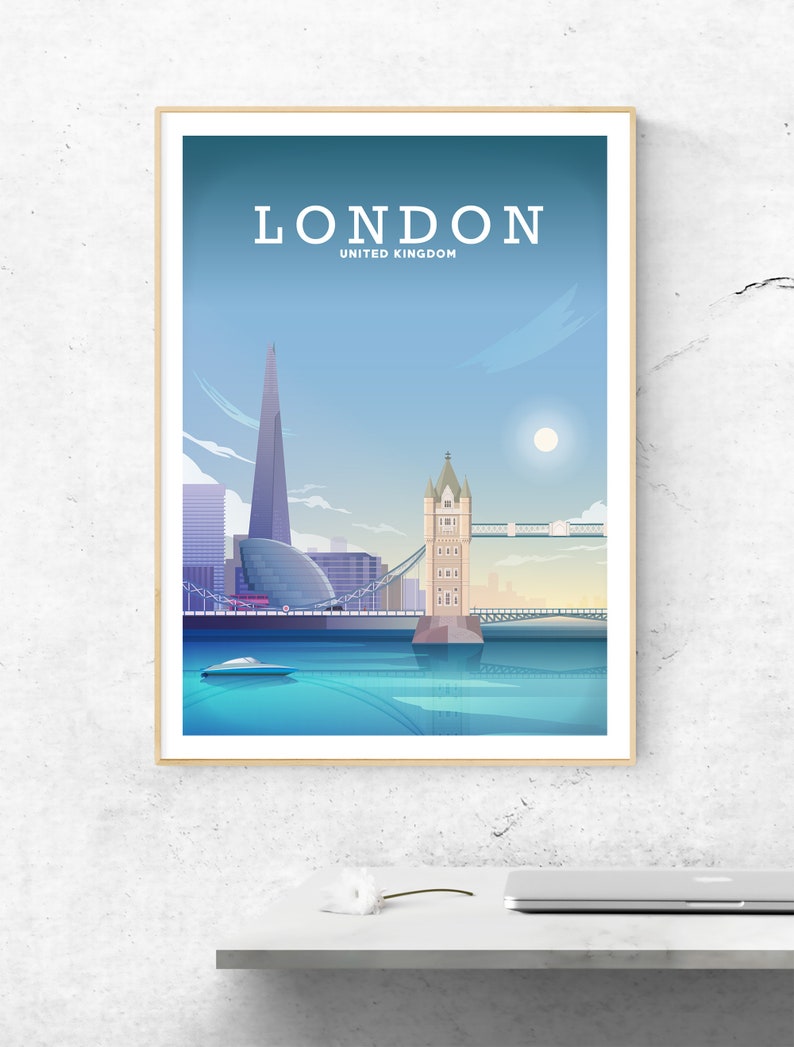 May include: A colorful illustration of the London skyline featuring the Tower Bridge and the Shard. The text "LONDON UNITED KINGDOM" is at the top of the image.