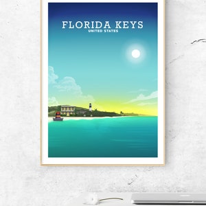 May include: A colourful illustration of a Florida Keys landscape with a lighthouse, a building, and a boat in the turquoise water. The sky is blue with white clouds and a bright sun. The text "FLORIDA KEYS" and "UNITED STATES" is at the top of the image.