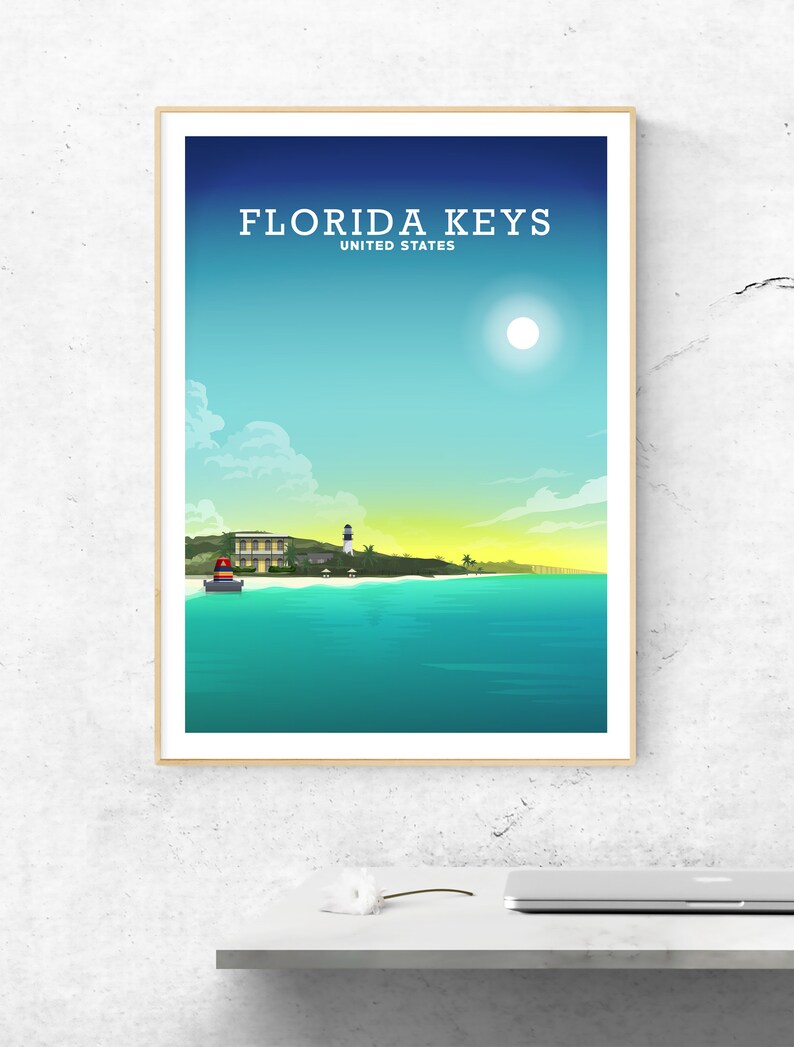 May include: A colourful illustration of a Florida Keys landscape with a lighthouse, a building, and a boat in the turquoise water. The sky is blue with white clouds and a bright sun. The text "FLORIDA KEYS" and "UNITED STATES" is at the top of the image.