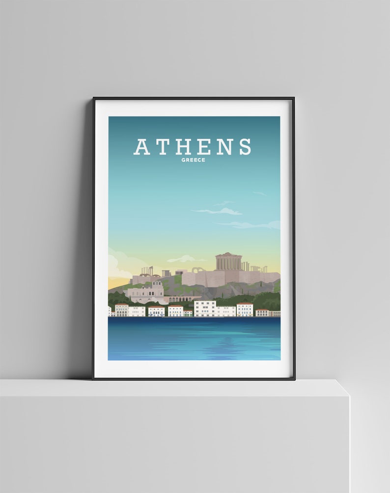 May include: A poster with a blue, green, and white illustration of the Acropolis in Athens, Greece. The text "ATHENS" and "GREECE" is printed in white at the top of the poster.