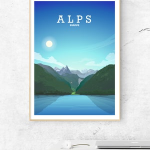May include: A poster with a blue sky, white clouds, and a sun. The poster says "ALPS EUROPE" in white text. The poster shows a mountain range with a lake in the foreground.